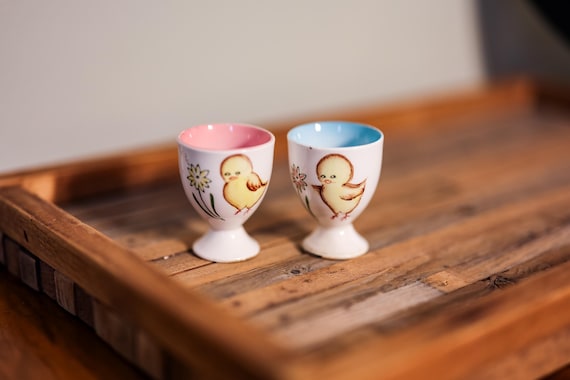 Vintage Porcelain Hand Painted Egg Cups with Baby Chick Flower Easter Japan