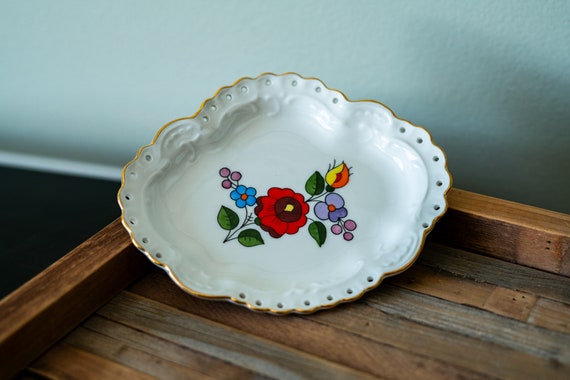 Vintage Kalocsa Porcelain Trinket Ring Dish Handpainted Made in Hungary Folk Art Floral Home Decor Entry Table