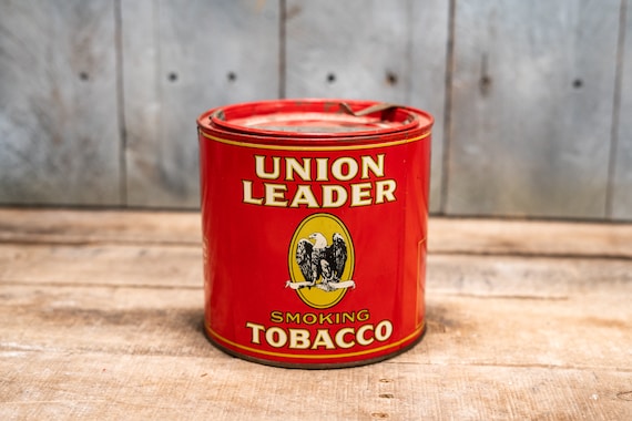 Vintage Union Leader Tobacco Tin Red White Tobacciana Advertising Man Cave Rustic