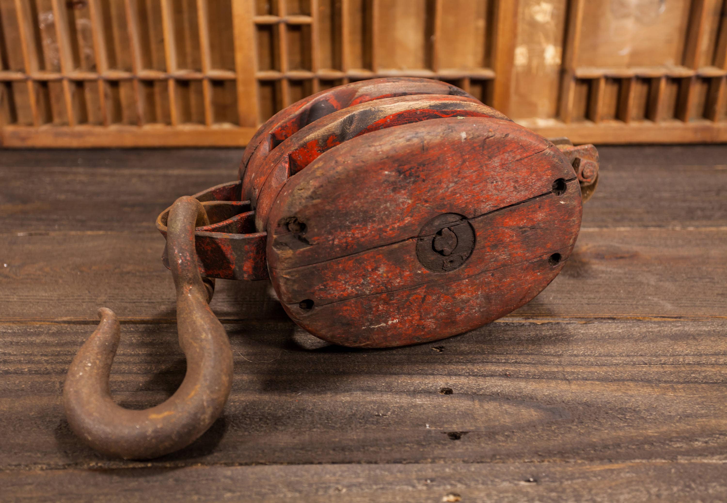 Vintage Large Double Wooden Red Pulley Rustic Primitive Barn Pulley