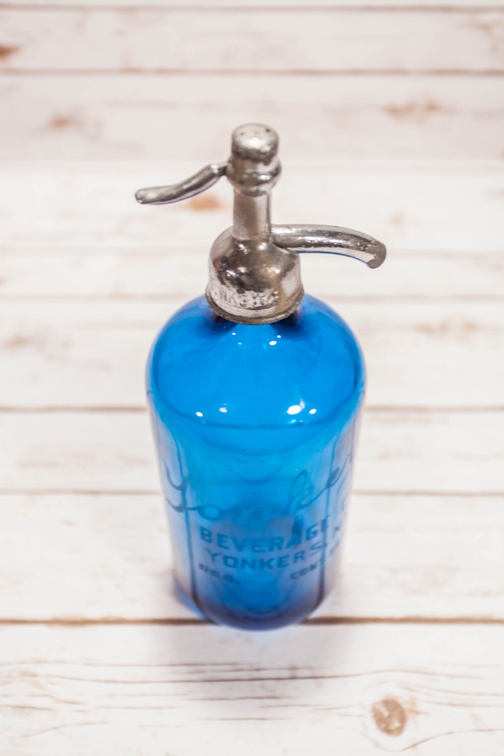 Vintage Yonkers Beverage Co. Blue Glass Seltzer Water Bottle Yonkers