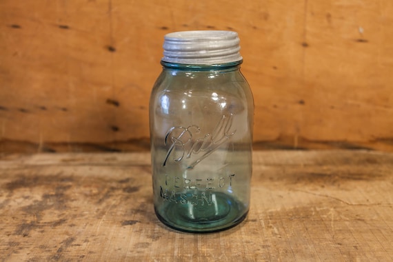 Vintage Ball Perfect Mason Jar Embossed Aqua Blue Glass Canning Jar Wedding Kitchen Country Farmhouse Decor