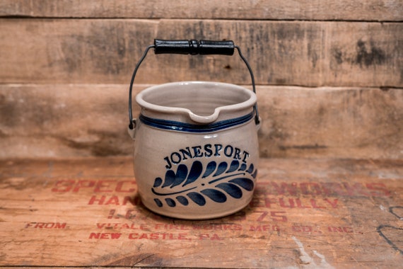 Vintage Jonesport Ceramic Pottery Jug Jar Crock Pale Milk Jug Flower Stoneware Glazed Blue Farmhouse Country Kitchen Farm Decor