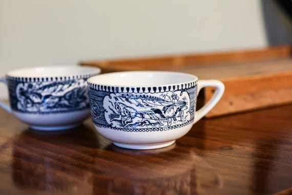 Vintage Currier & Ives Coffee Tea Cups Blue White Lady in Horse Drawn Carriage Kitchen Farmhouse Country SET OF 2
