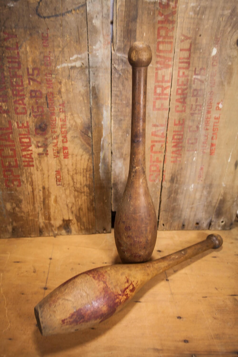 Antique Wooden Juggling Pins Set Large Distressed Patina Red Indian