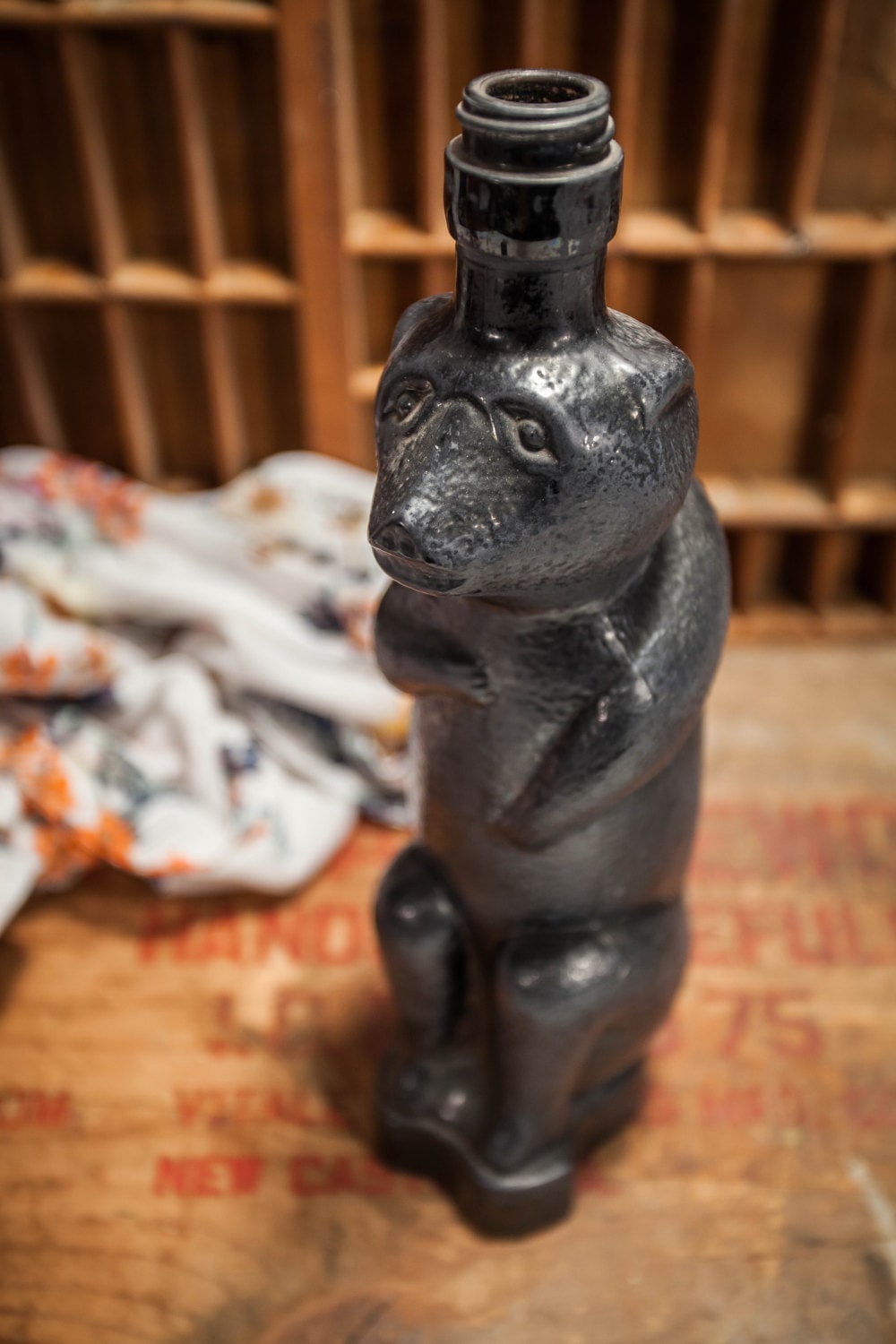 Vintage 1940s Black Bear Glass Bottle, Kummel Liquor Glass Bottle Bar