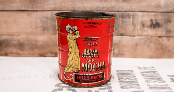 Vintage Hills Bros Coffee Tin Java Mocha 3lb Tin Red Black Kitchen Farmhouse Country Decor Advertising Container Storage Tin