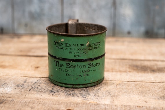 Vintage The Boston Store Sifter Flour Sugar Metal Wood Kitchen Country Farmhouse Rustic Housewares Donora PA