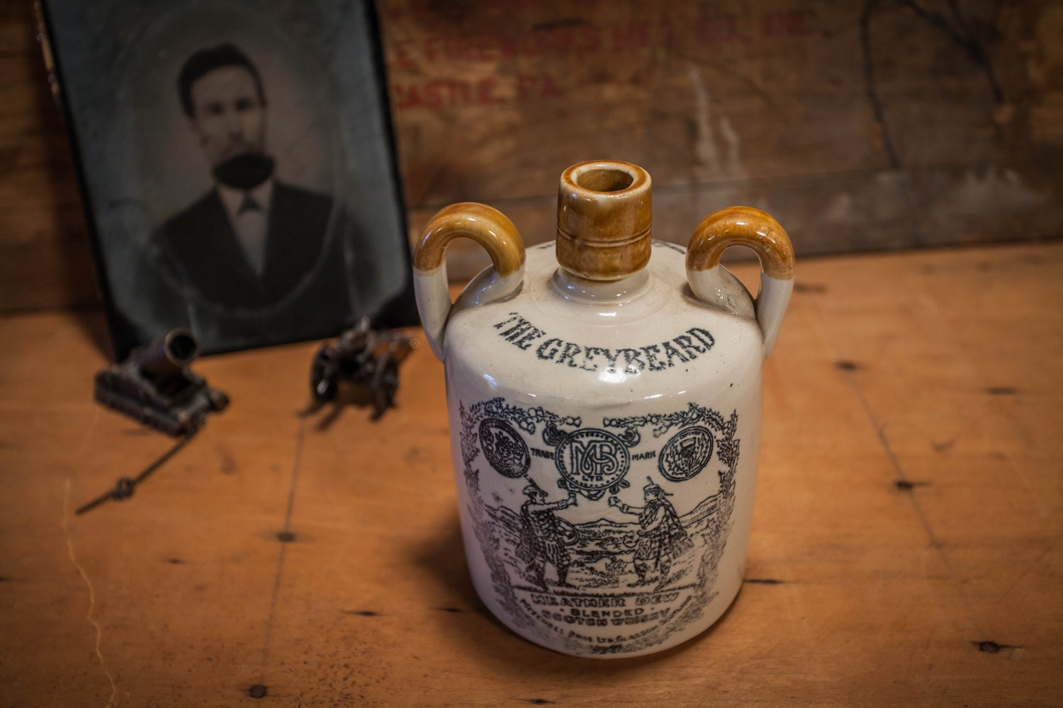 Vintage Greybeard Double Handle Advertising Scotch Whiskey Jug Heather Dew Mitchell Bros