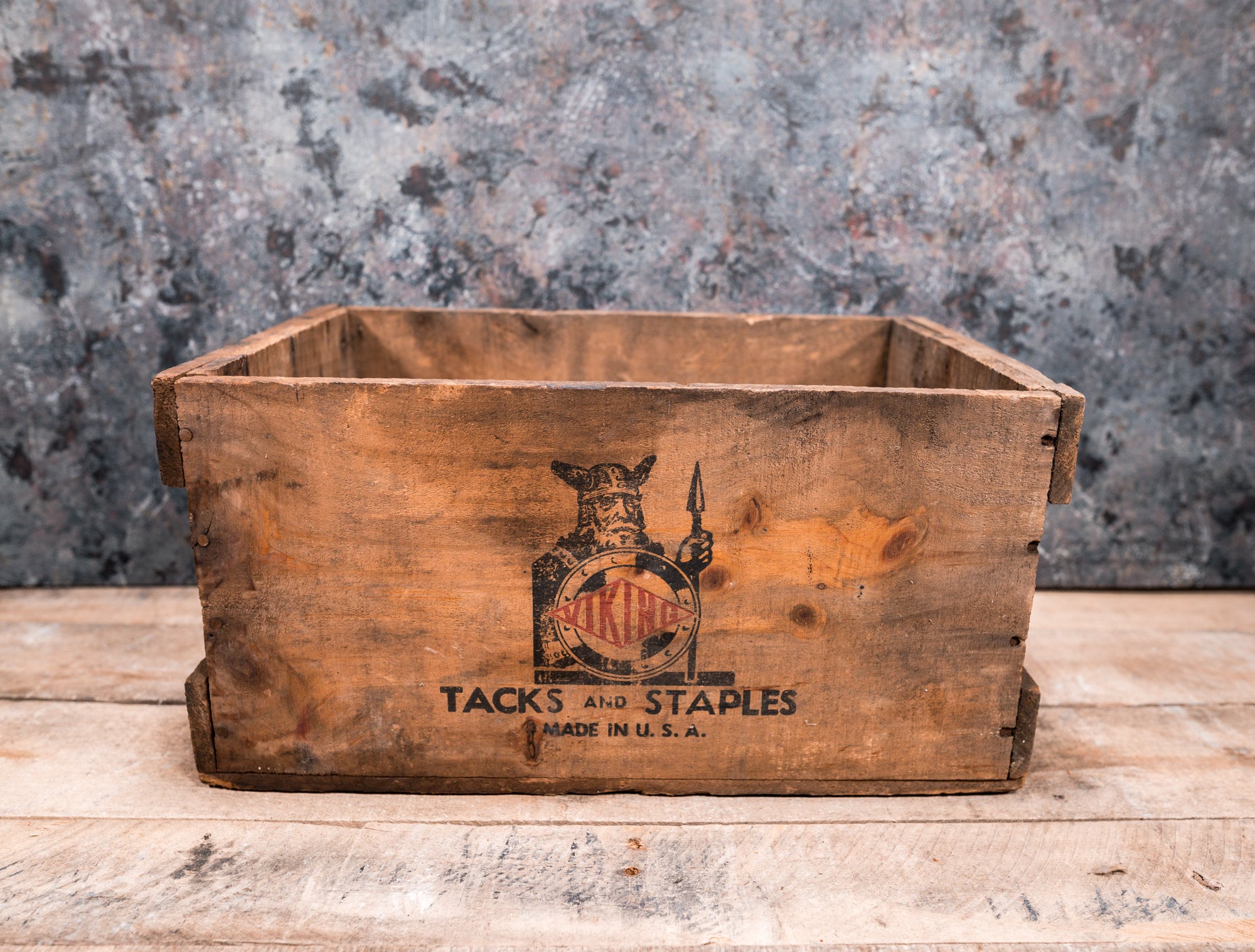 Vintage Rare Viking Tacks and Staples Wooden Crate Box Storage Man Cave