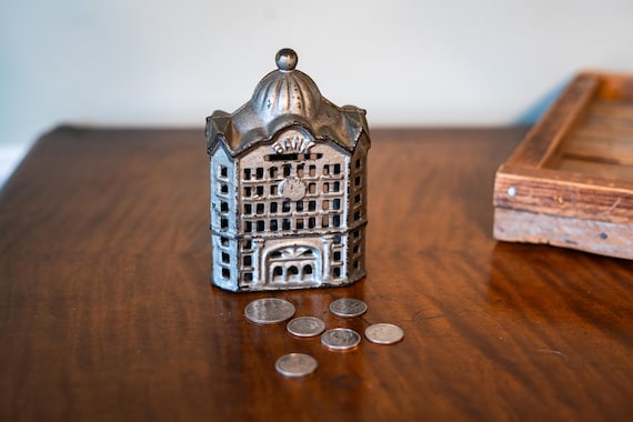 Vintage Cast Iron Bank Building Coin Piggy Bank Man Cave Rustic Nursery Kids Room