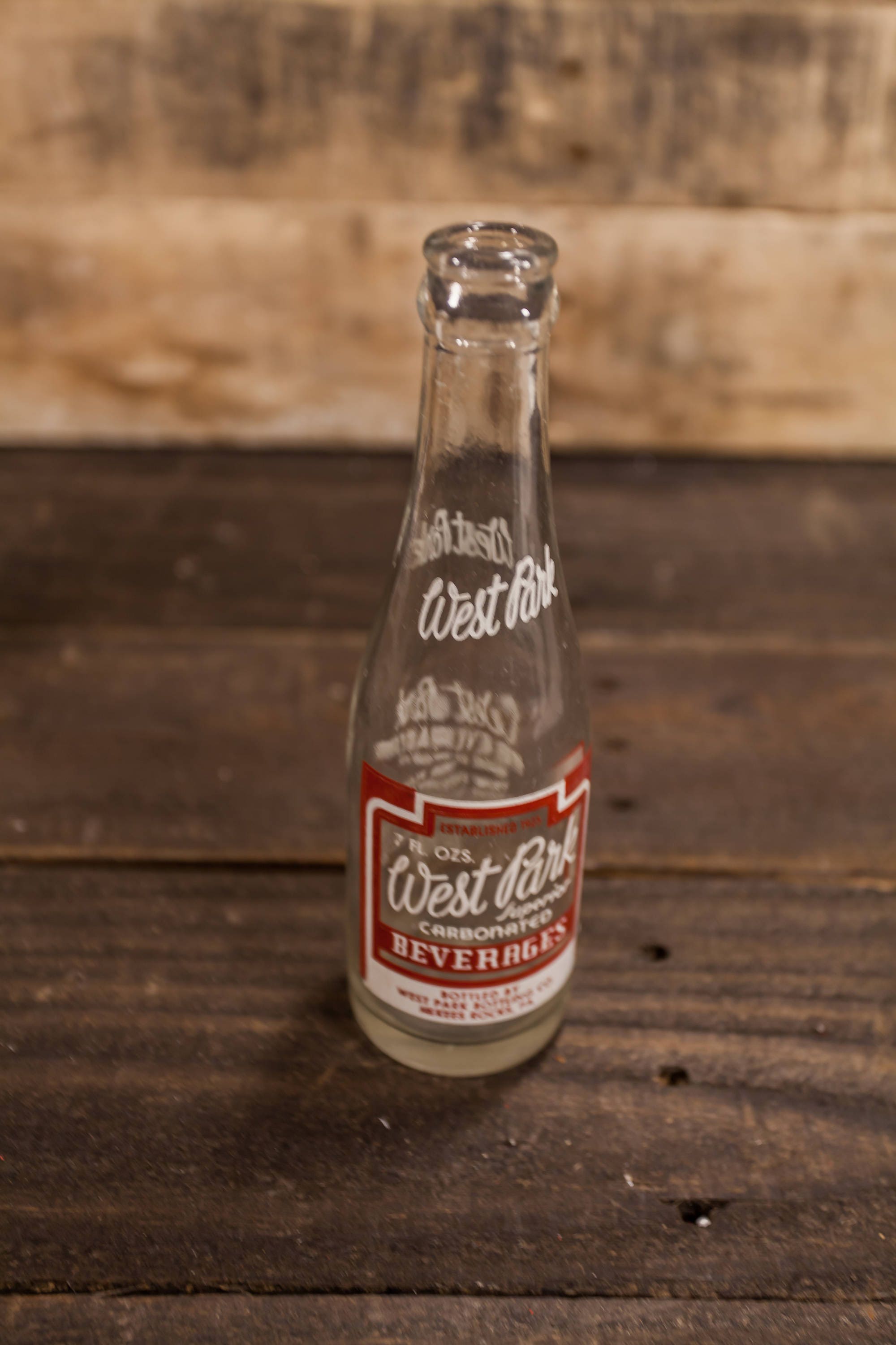Vintage West Park Beverages 7oz Bottle ACL Glass Bottle Red White West