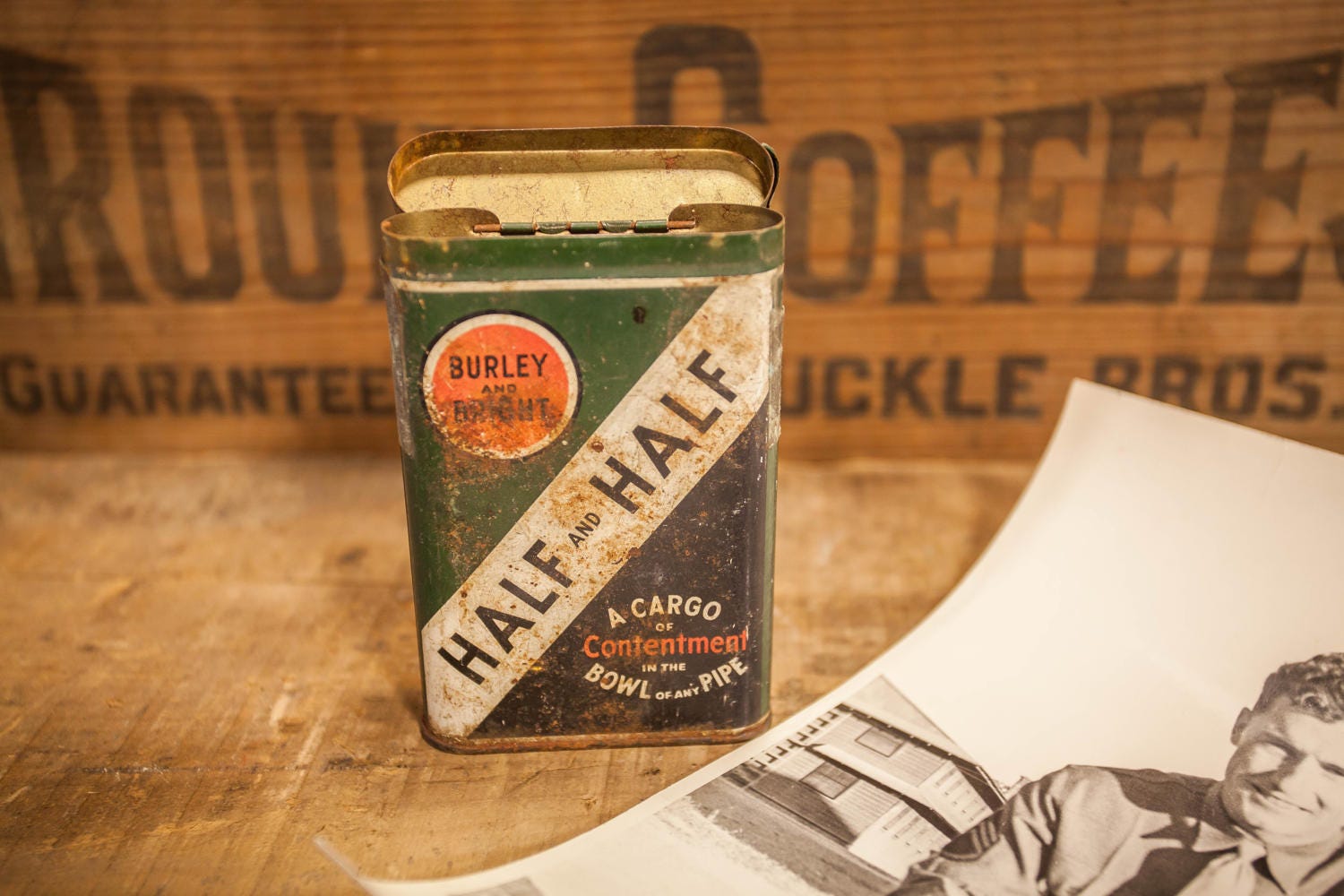 Vintage Burley and Bright Half & Half Pipe Tobacco Tin Green White