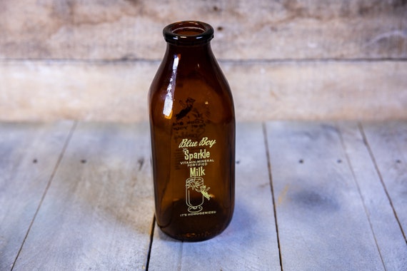 Vintage Blue Boy Sparkle Milk Amber Milk Bottle Advertising Cow Milk Bottle Country Farmhouse