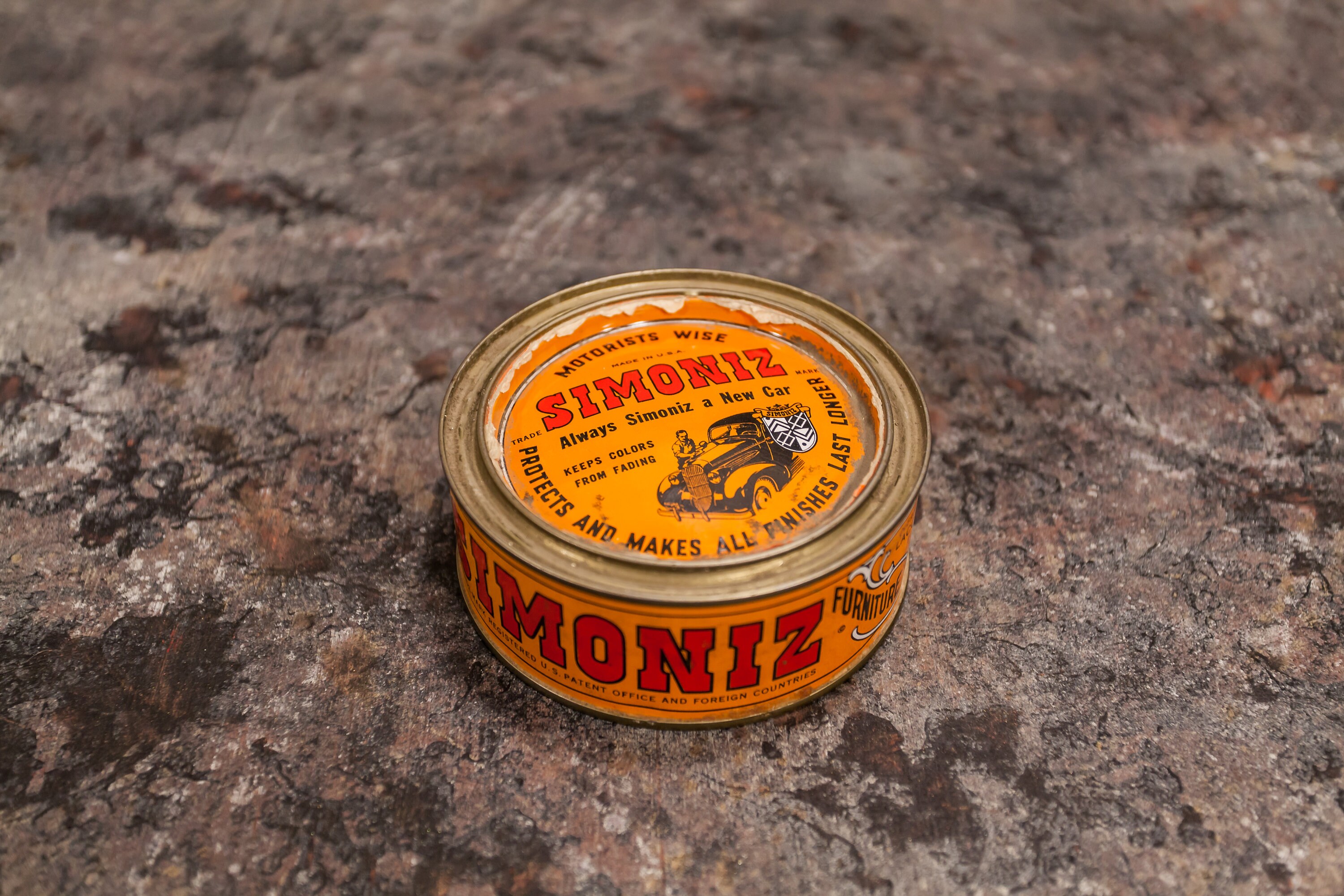 Vintage Simoniz Car Wax Polish Advertising Tin 1940s Rustic Industrial Decor