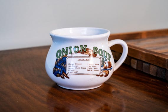 Vintage 1980s Ceramic Soup Mug with Onion Soup Recipe Retro Kitchenware