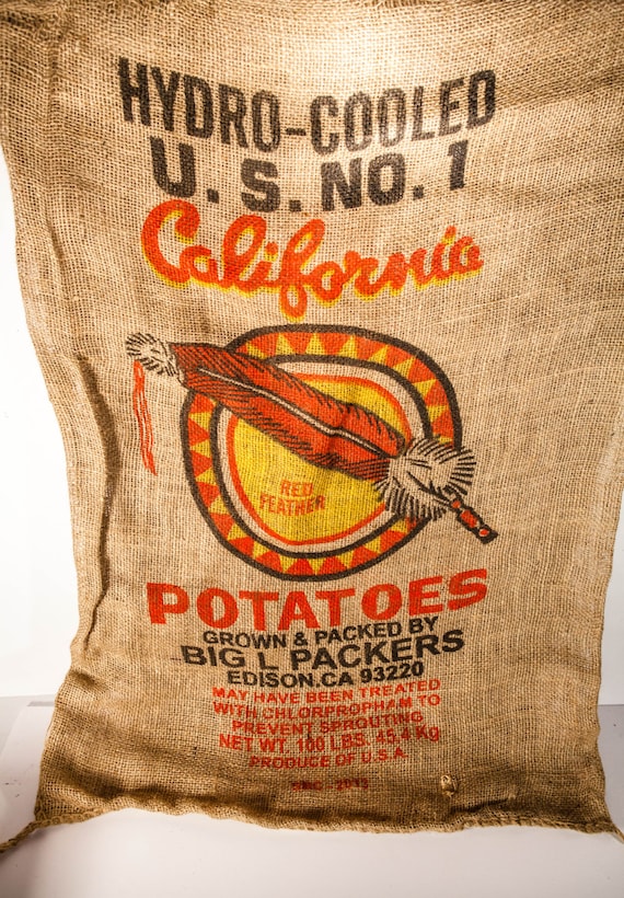 Vintage 1950s Burlap California Red Feather Potato Sac, Rustic Primitive Farming Red Black Yellow Advertising Burlap Sac