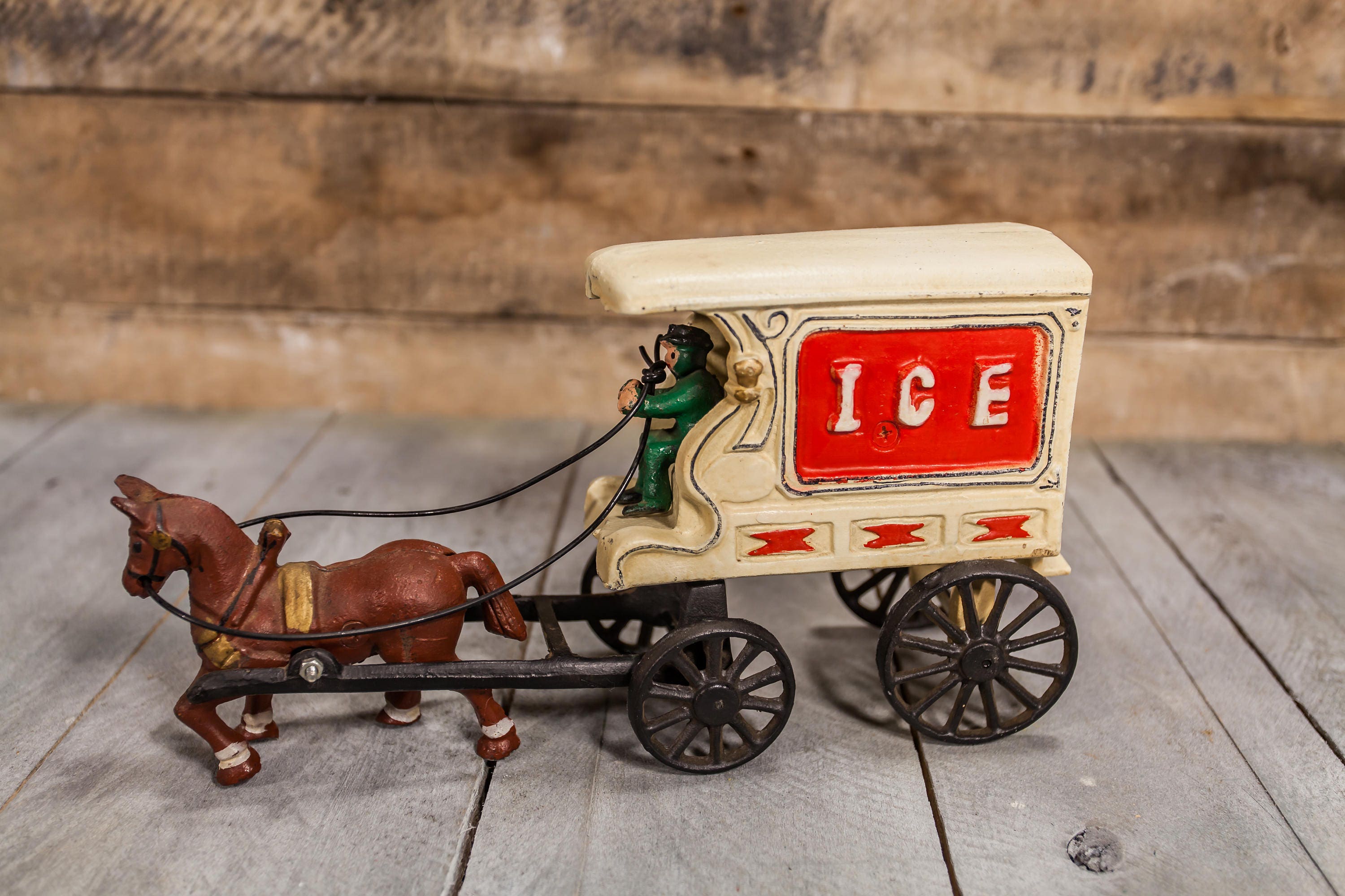 Vintage Ice Wagon Horse Drawn Wagon White Red Home Decor Collectable