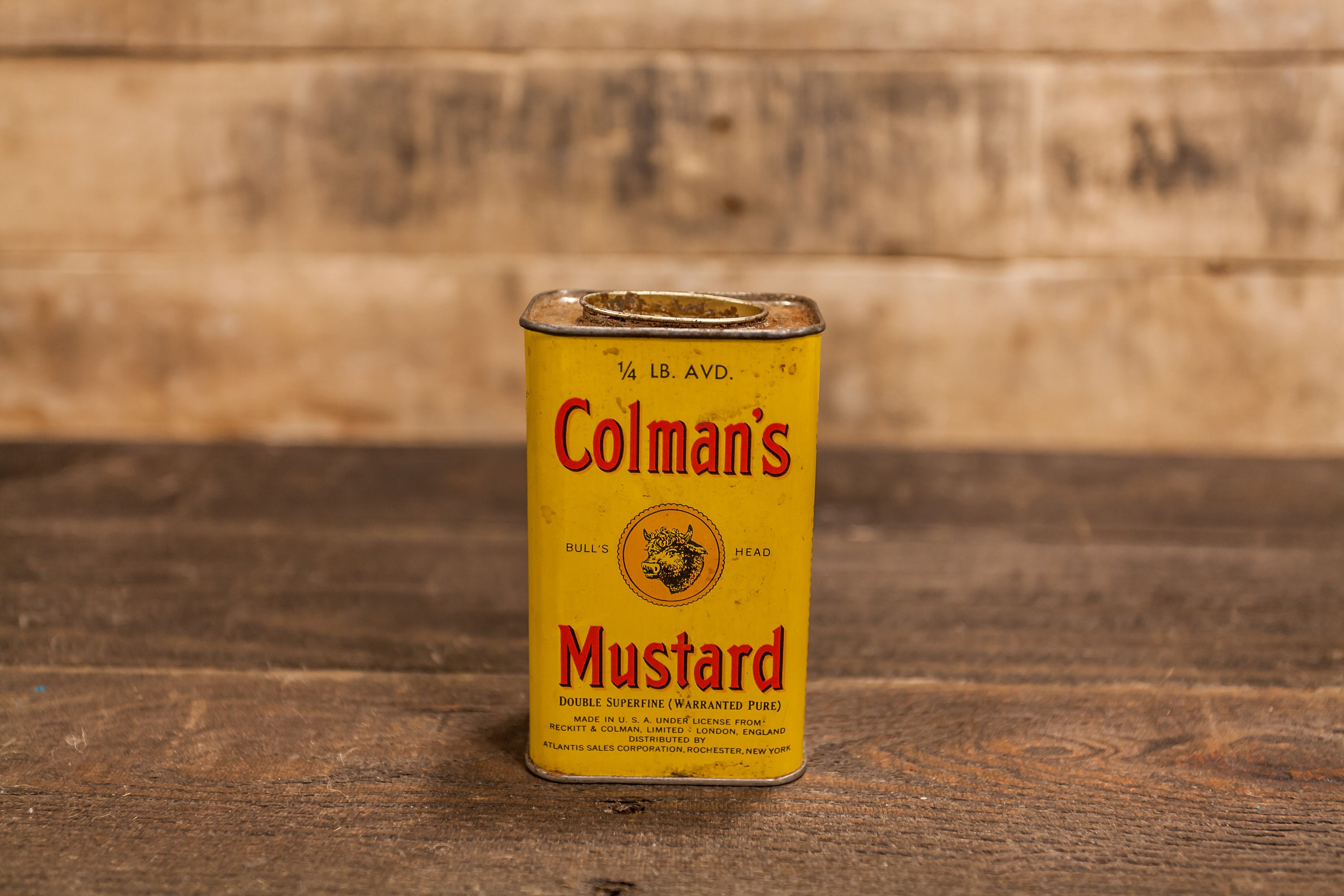 Vintage Colman's Mustard Tin Yellow Red Advertising Can Kitchen Rustic