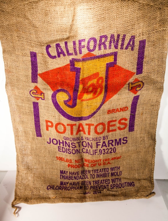 Vintage 1950s Burlap California J Top Potato Sac, Rustic Primitive Farming Purple Red Yellow Advertising Burlap Sac