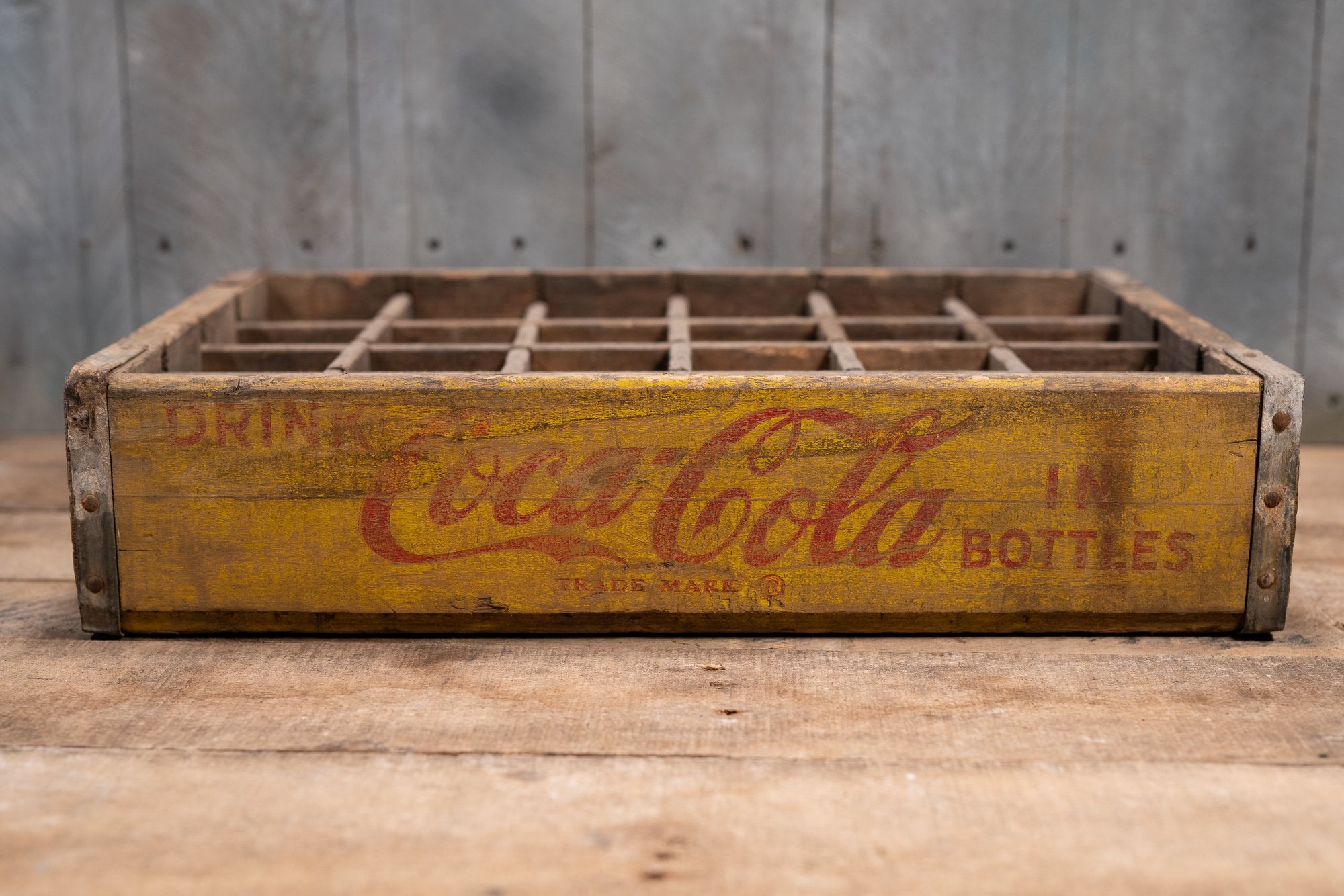 Vintage CocaCola Soda Pop Wooden Crate Primitive Box Carrier Yellow