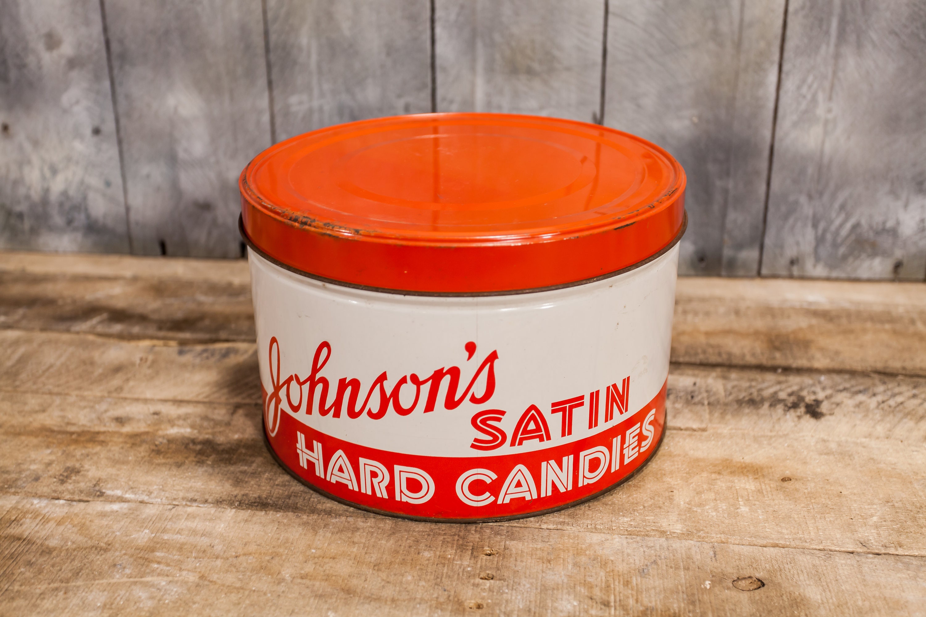 Vintage Johnson's Satin Hard Candies Tin Red White Kitchen Country