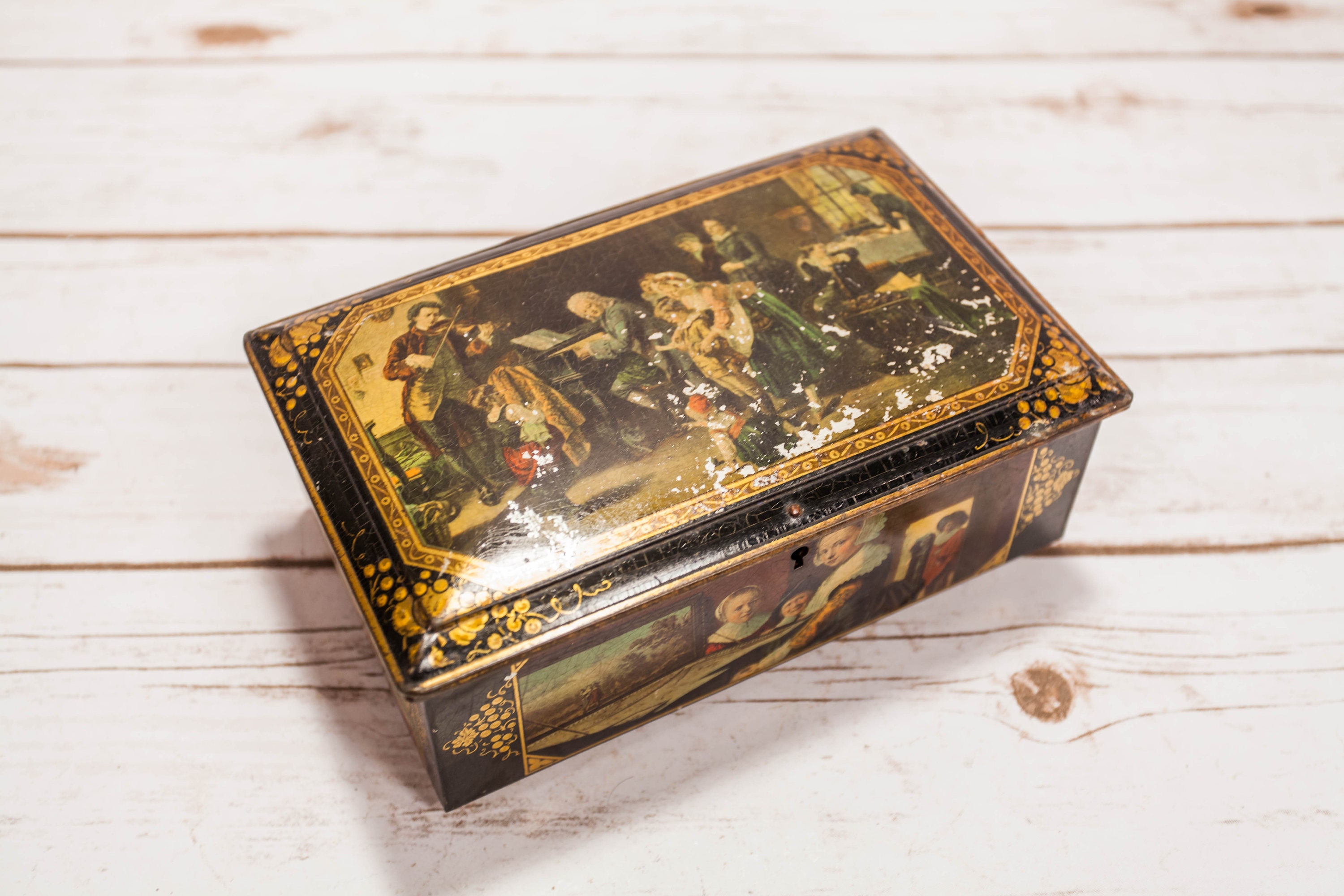 Vintage Tin Tea Candy Tin Gold Black Music Scene Musical Theme English