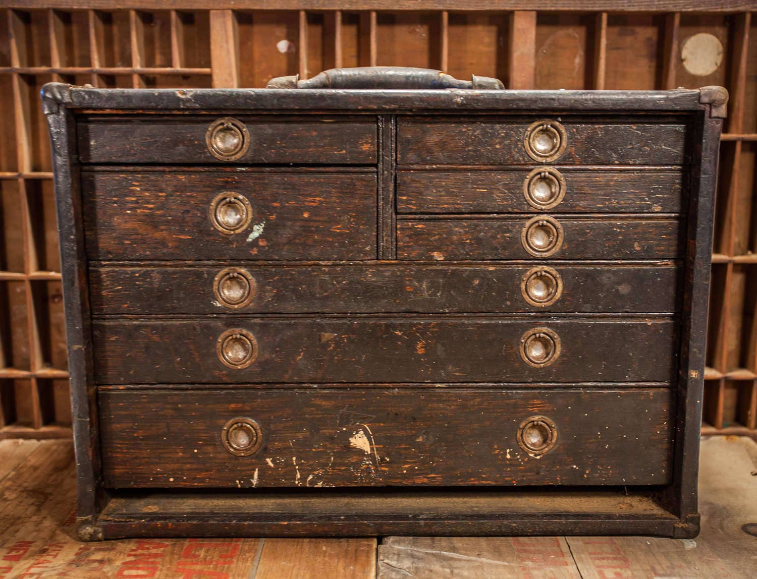 SALE Vintage Wooden Machinist Chest Tool Box Dovetailed Rustic Metal