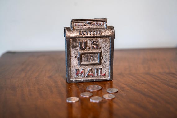 Vintage Cast Iron U.S. Mail Post Box Coin Piggy Bank Man Cave Rustic Nursery Kids Room
