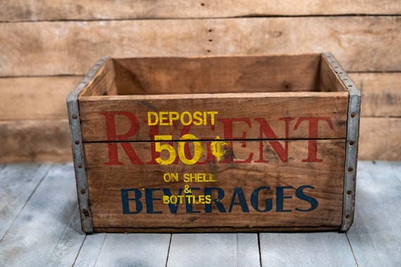 Vintage Regent Beverages Wooden Crate Regent Bottling Co. Pittsburgh PA Box Metal Rustic Carrier Blue Red