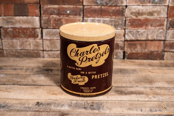 Vintage Charles Pretzel Tin S.T. Musser Mountville PA Advertising Tin Brown Cream