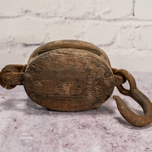 Vintage Wooden Pulley Rustic Industrial Primitive Barn Pulley Iron Hook Block Pulley Nautical Maritime