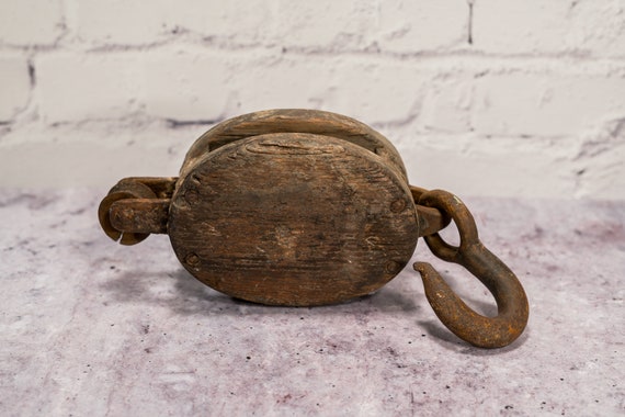 Vintage Wooden Pulley Rustic Industrial Primitive Barn Pulley Iron Hook Block Pulley Nautical Maritime