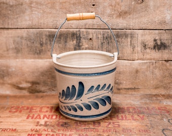 Vintage Ceramic Pottery Jug Jar Crock Pale Milk Jug Flower Stoneware Glazed Blue Farmhouse Country Kitchen Farm Decor