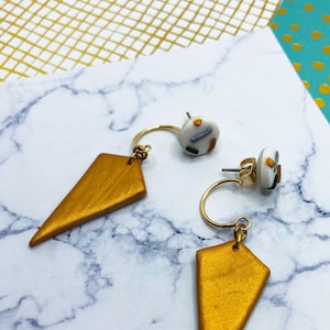 Geometric ear jacket stud dangle earrings - metallic marbled patterned polymer clay