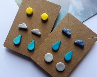 Rain cloud stud earrings, polymer clay weather earrings, sun rain jewelry