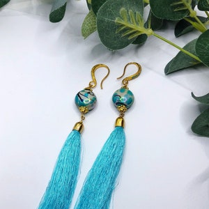 Swarovski crystal turquoise tassel statement earrings - Victorian jewelry, boho jewellery, drop earrings