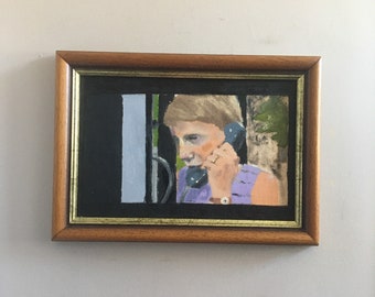 Scene from Rosemary’s baby oil on wooden board with vintage frame horror movie scene with Mia Farrow on telephone horror movie