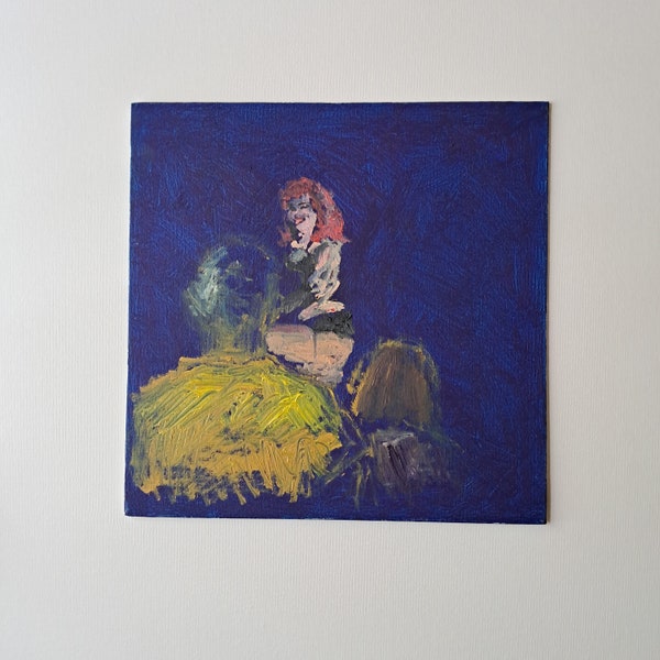 Peinture burlesque à l'huile sur toile. Un homme en jaune et une autre personne s'est assis en face de moi pour dessiner le modèle légèrement vêtu