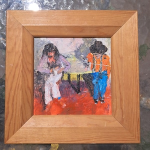 schilderij van Frank Zappa en Captain Beefheart van de omslag van het album Bongo Fury. Kleine ingelijste olieverf op kaart. Geregenereerde houten lijst.