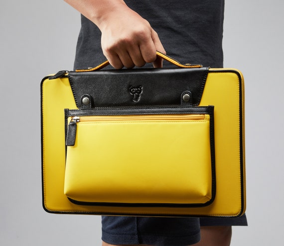 Yellow leather laptop bag sale