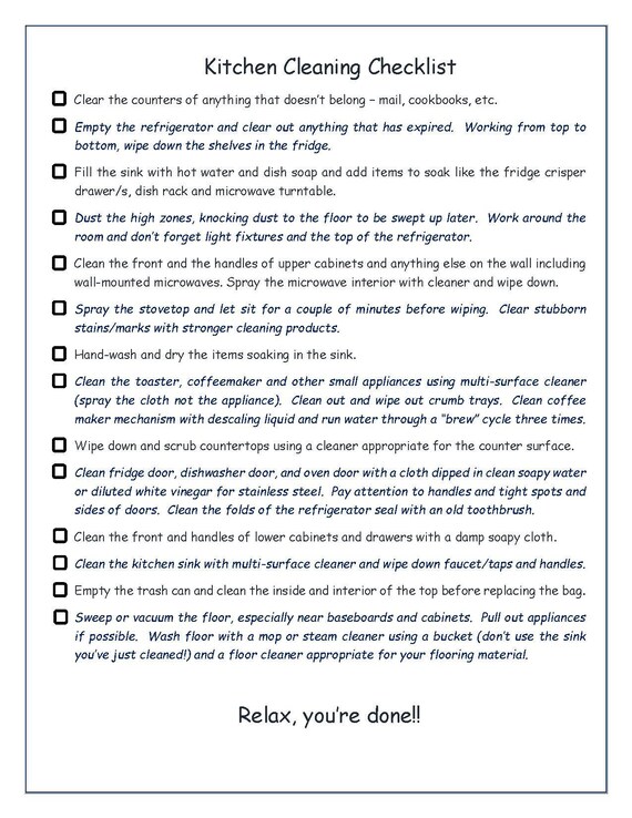 Printable Kitchen Cleaning Checklist Etsy