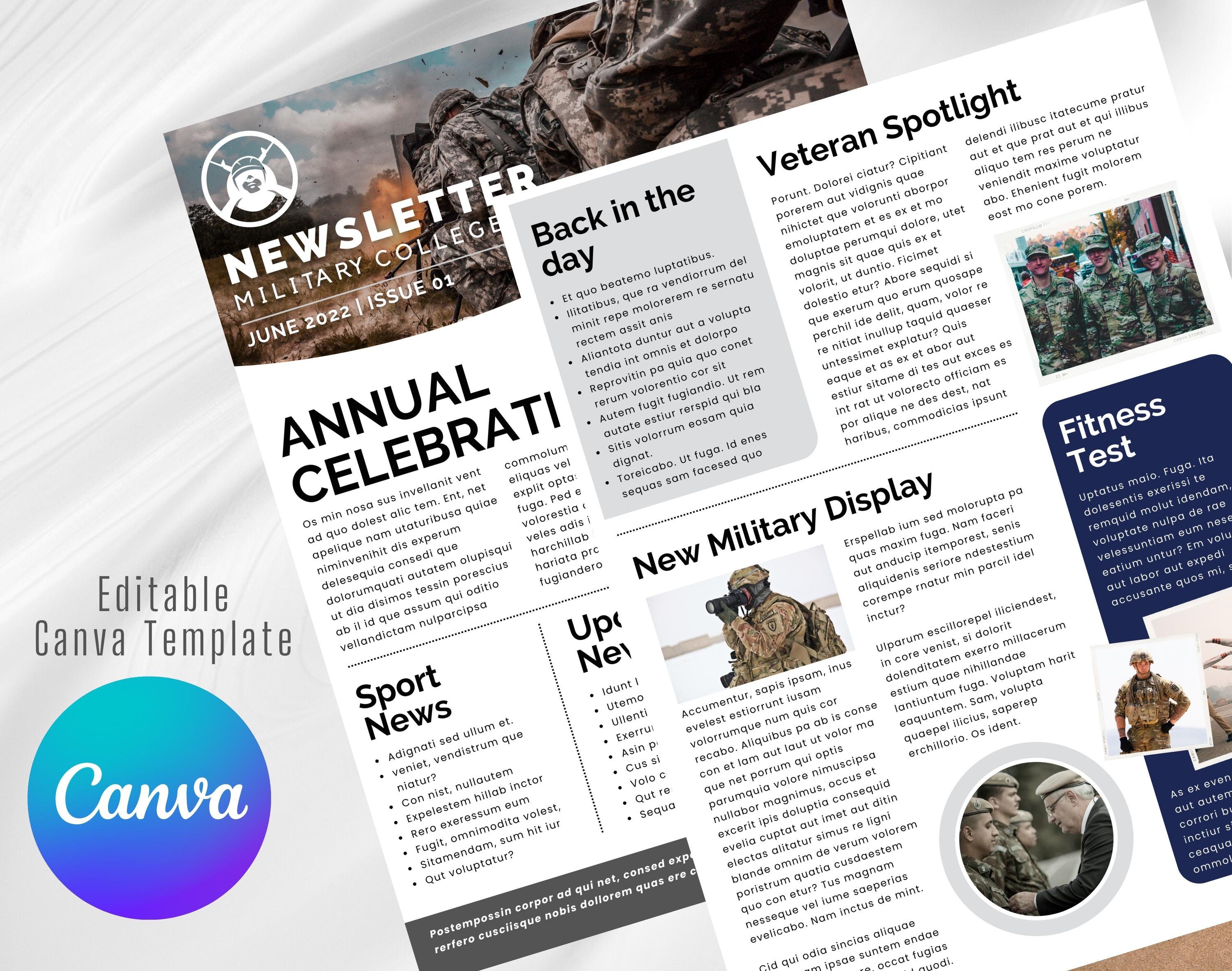 Military Email NEWSLETTER TEMPLATE Editable on Canva, Digital and