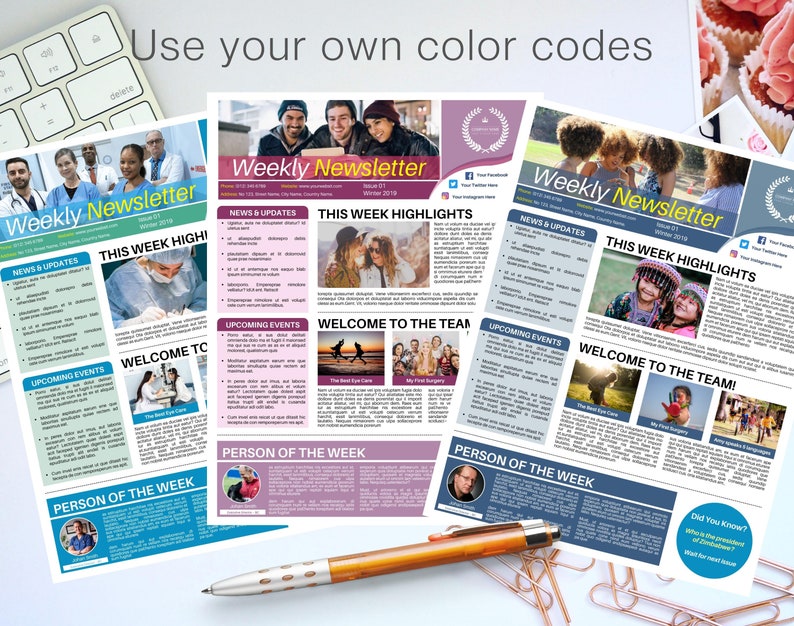 May include: Three different versions of a weekly newsletter with a blue, pink, and gray color scheme. Each newsletter features a person of the week, news and updates, upcoming events, and this week's highlights. The text includes the words "Weekly Newsletter", "News & Updates", "This Week Highlights", "Upcoming Events", "Welcome to the Team", and "Person of the Week".