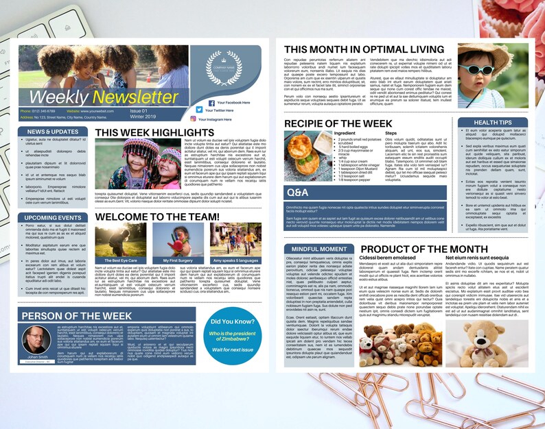 May include: A blue and white newsletter with the title "Weekly Newsletter" and the subtitle "Winter 2019". The newsletter features articles about health, optimal living, and recipes. There are also sections for news and updates, upcoming events, and a person of the week.