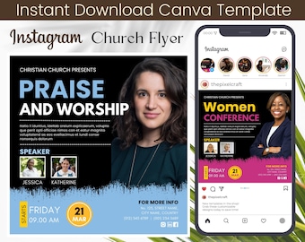 Women Conference Church Flyer Instagram Canva Template Design, Church Conference Flyer, Prayer Worship Church Service Social Media DIY Flyer
