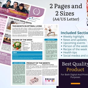 May include: A pink and white weekly newsletter template with the title "Weekly Newsletter" and the text "This Week Highlights" and "This Month in Optimal Living". The newsletter includes sections for news and updates, upcoming events, person of the week, recipe of the week, health tips, and mindful moment. The newsletter is available in two sizes: A4 and US Letter.