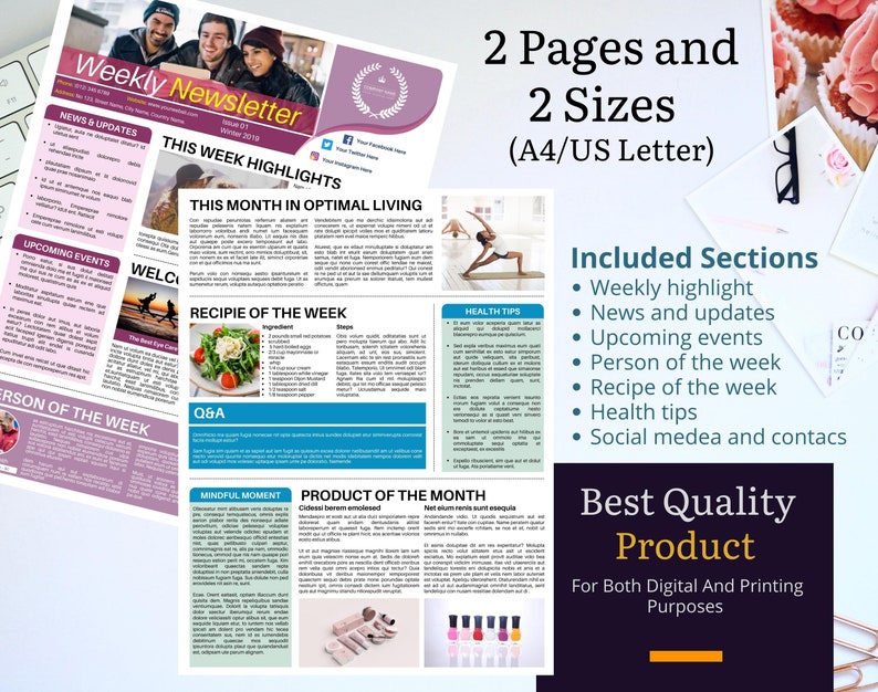 May include: A pink and white weekly newsletter template with the title "Weekly Newsletter" and the text "This Week Highlights" and "This Month in Optimal Living". The newsletter includes sections for news and updates, upcoming events, person of the week, recipe of the week, health tips, and mindful moment. The newsletter is available in two sizes: A4 and US Letter.