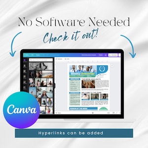 May include: A laptop screen displaying the Canva website with a weekly newsletter template open. The template is titled "Weekly Newsletter" and includes sections for news and updates, this week's highlights, welcome to the team, and person of the week. The text "No Software Needed" and "Check it out!" are displayed above the laptop screen.