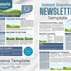 May include: A blue and white newsletter template with the text "Canva Template" and "Instant Download NEWSLETTER Template". The template has sections for news and updates, this week's highlights, upcoming events, welcome to the team, person of the week, did you know, this month in optimal living, recipe of the week, health tips, Q&A, mindful moment, and product of the month.